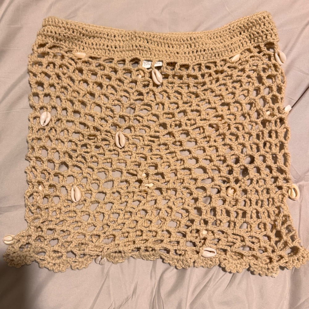 Beige Crochet Beach Cover-Up mini skirt with Shell Accents